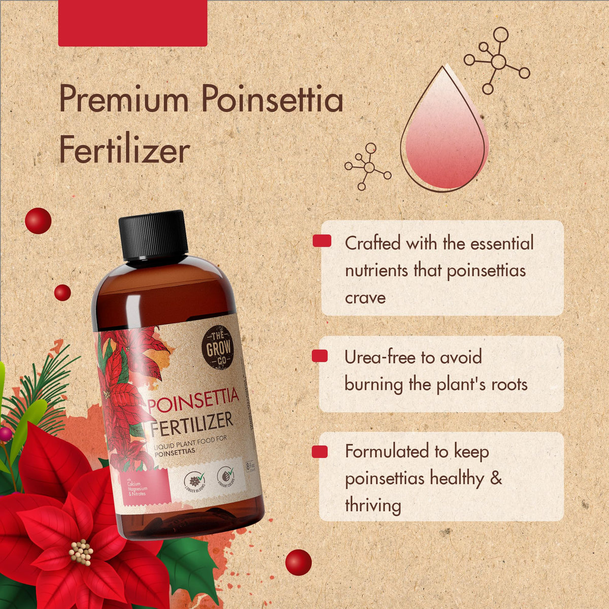 The Grow Co poinsettia fertilizer packaging signals premium holiday care.