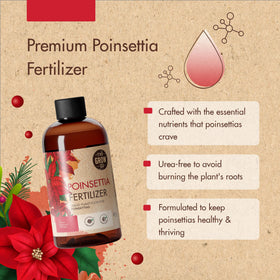 The Grow Co poinsettia fertilizer packaging signals premium holiday care.