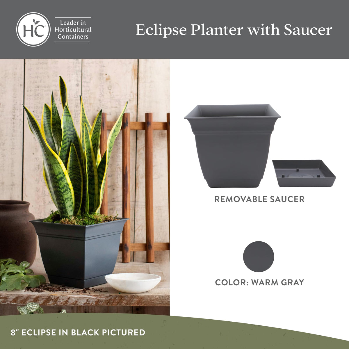 The HC Companies Eclipse planter with attached saucer to prevent spills.