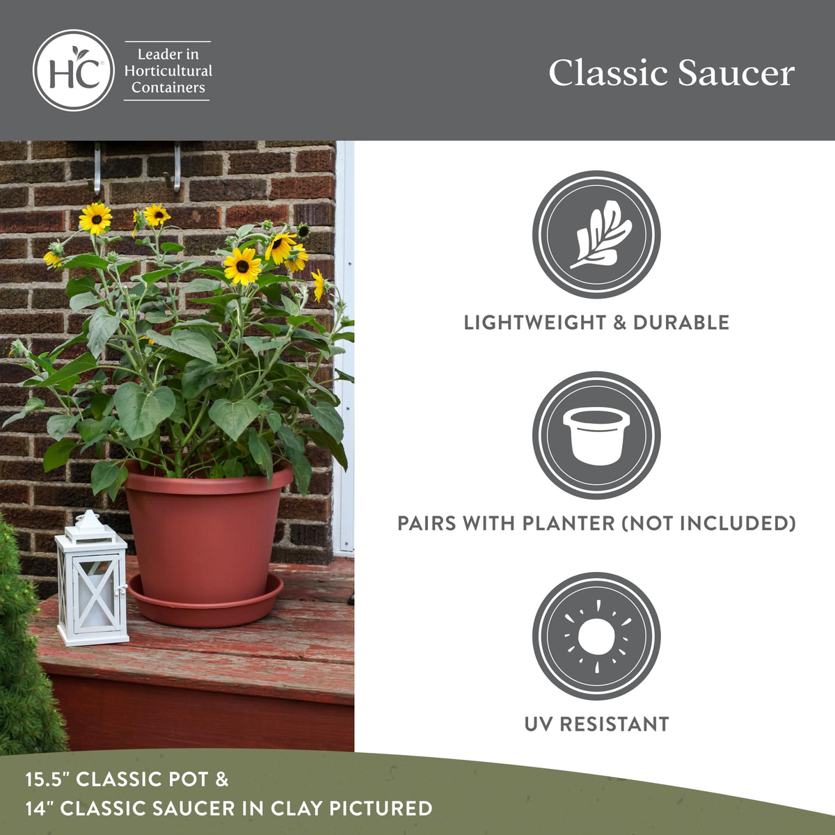 The HC Companies chocolate finish plant saucer blends with decor.