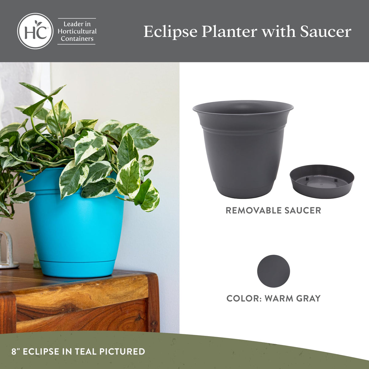 The HC Eclipse planter with attached saucer protects surfaces from moisture.