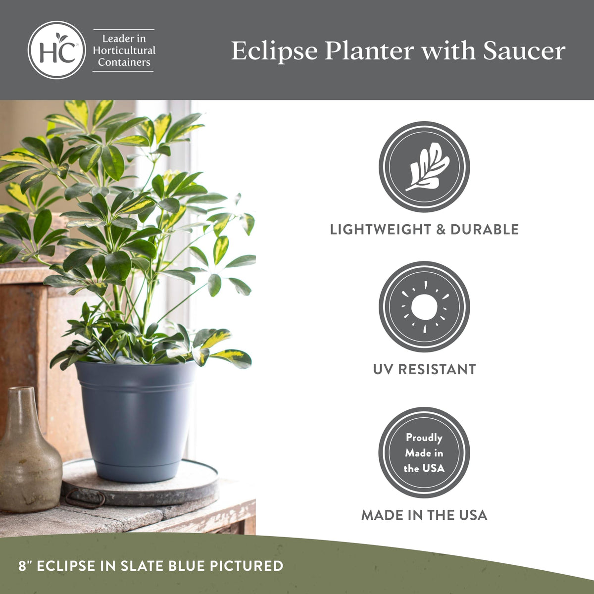 Warm-gray Eclipse round planter blends with decor while remaining durable.