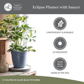 Warm-gray Eclipse round planter blends with decor while remaining durable.