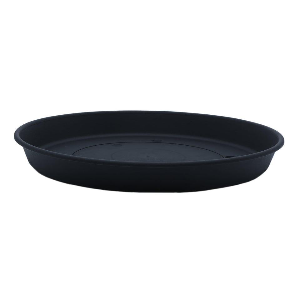 HC Companies Round Prima saucer in black for indoor and outdoor use.