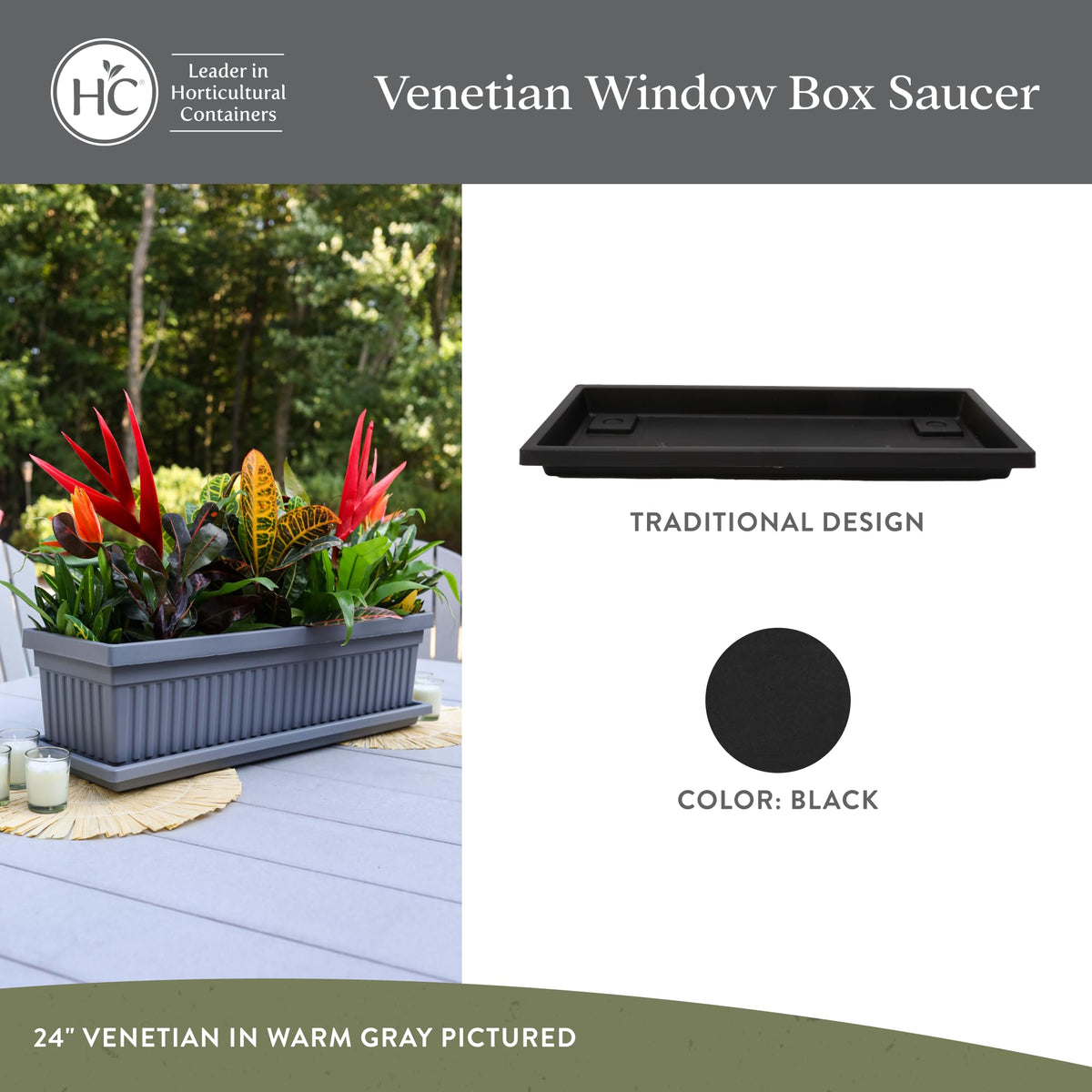 The HC Companies Venetian rectangular plant tray is durable, lightweight for easy handling.