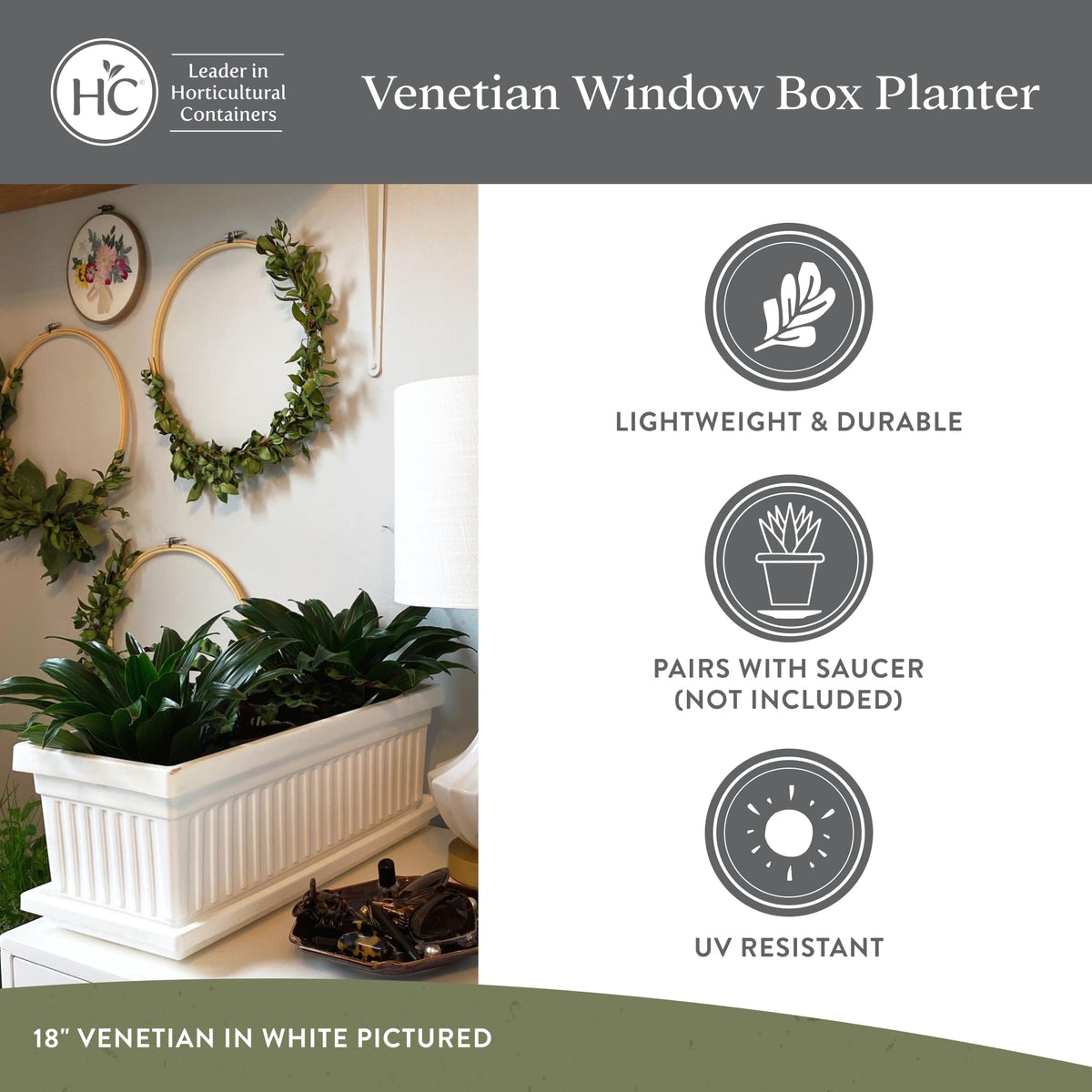 The HC Companies Venetian window planter box shows a removable drain plug for overflow control