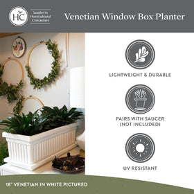 The HC Companies Venetian window planter box shows a removable drain plug for overflow control