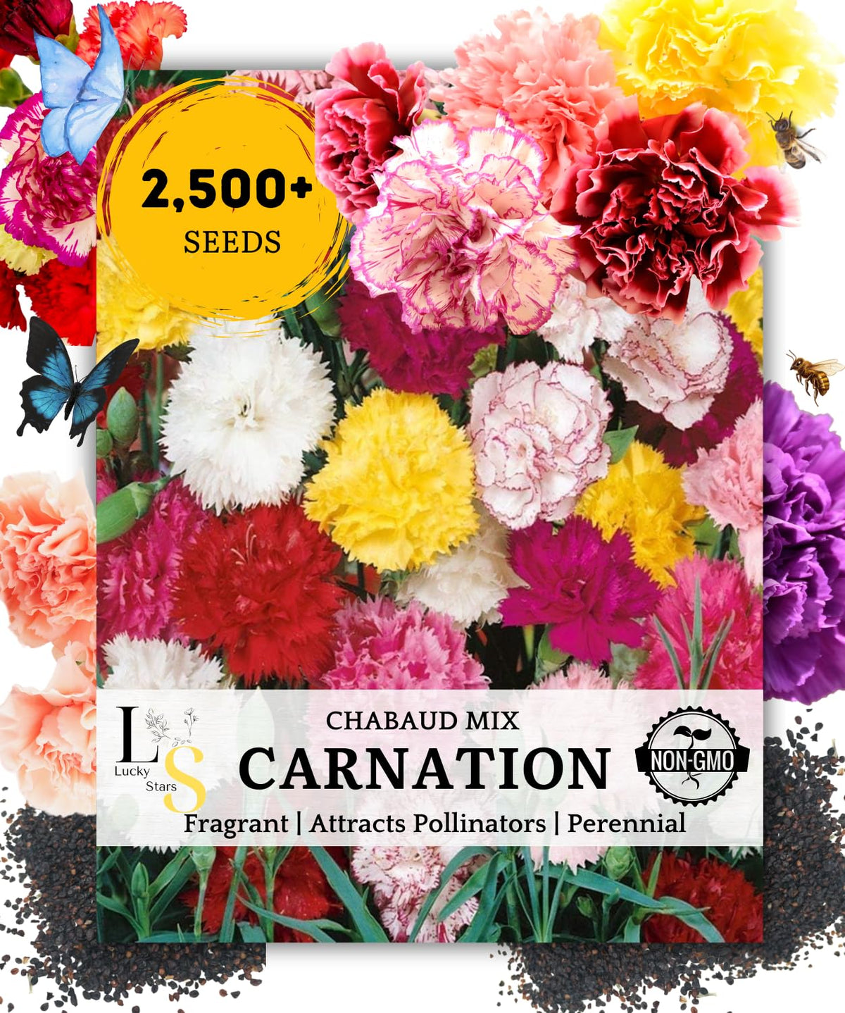 The Lucky Stars Dianthus Caryophyllus Chabaud Mix blooms in violet, purple, red, pink, orange, and yellow.