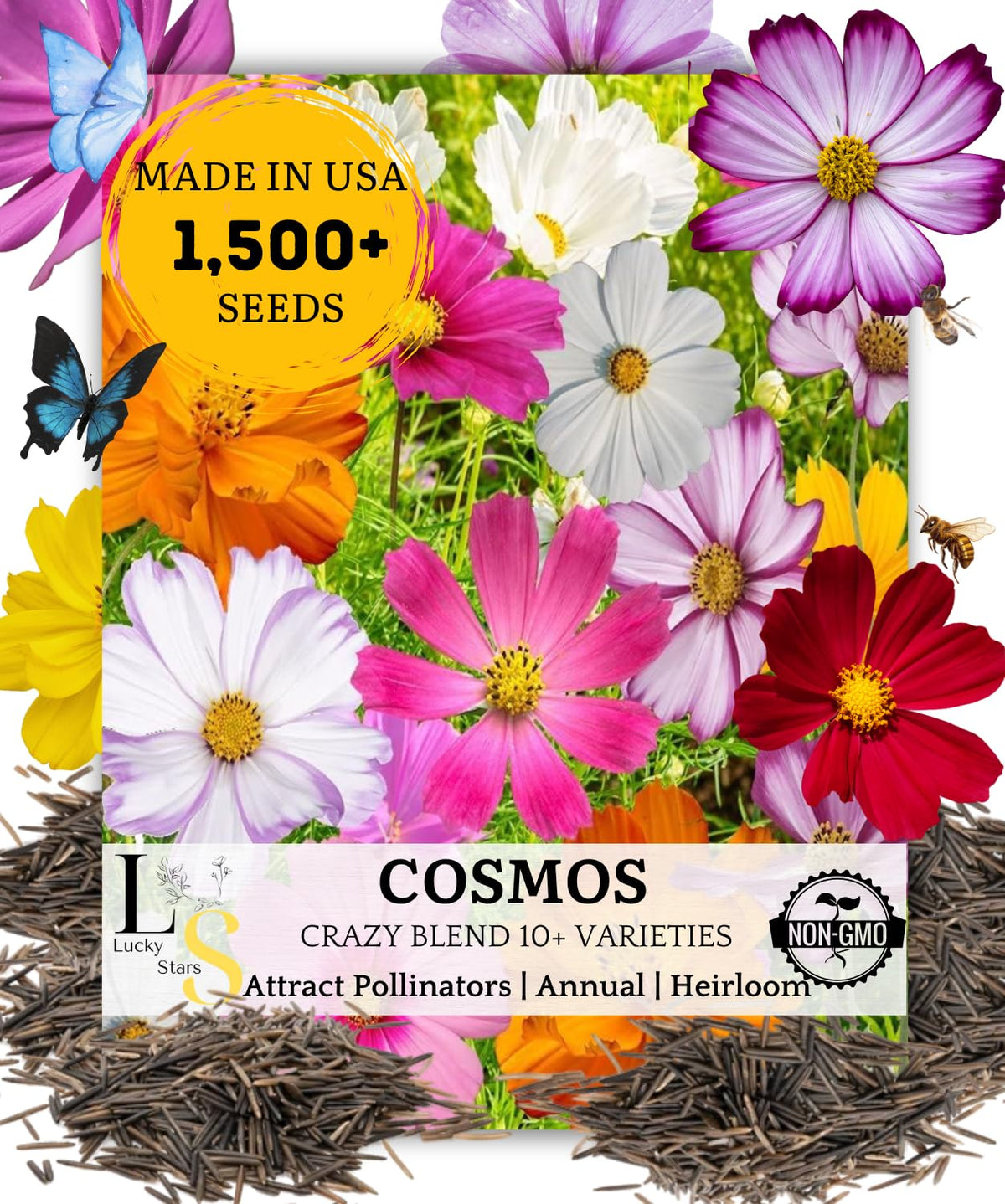 The Lucky Stars Mix Cosmos seeds pack ready for sunny borders and container gardens.