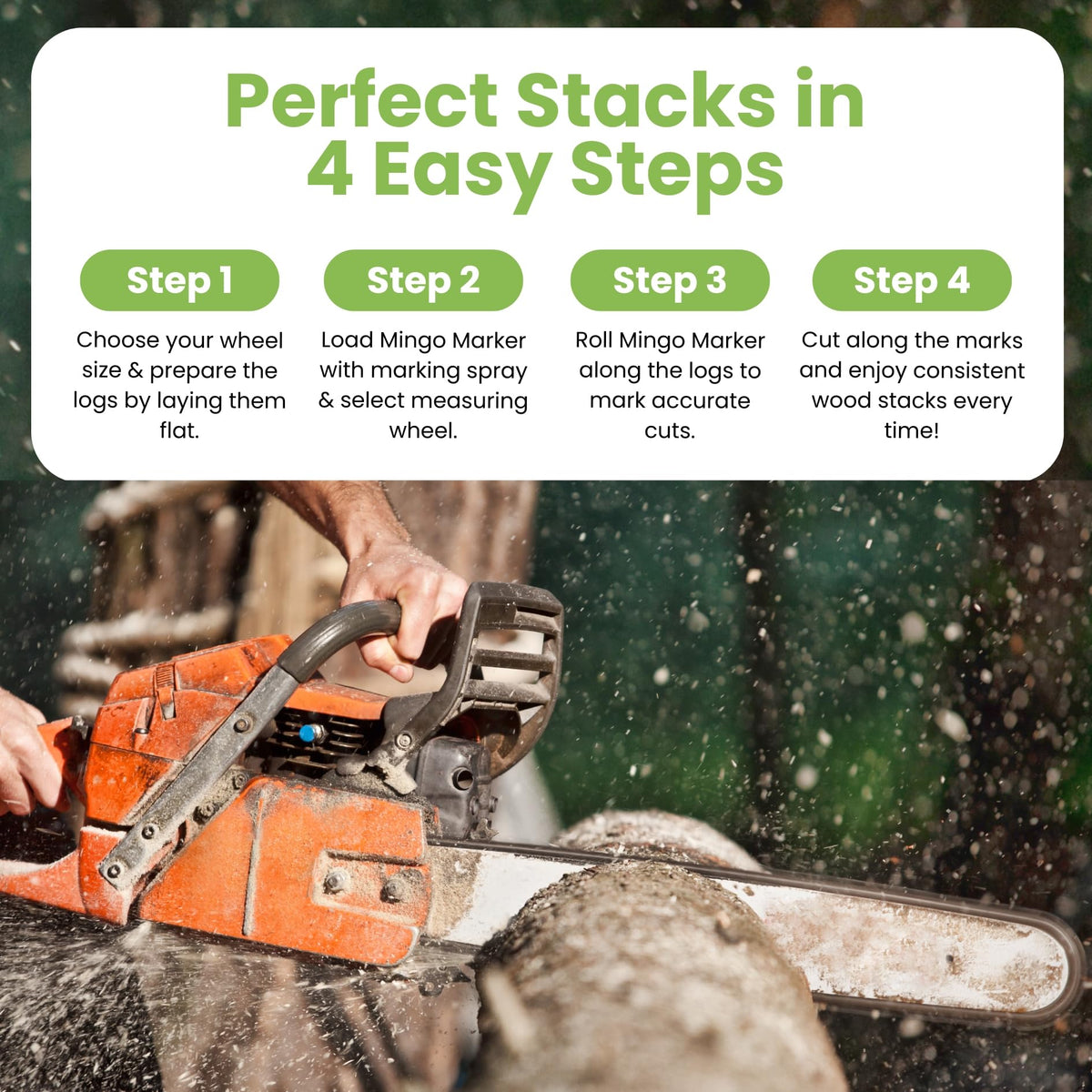 The Mingo Marker 16-inch marking wheel for mid-length firewood sizing