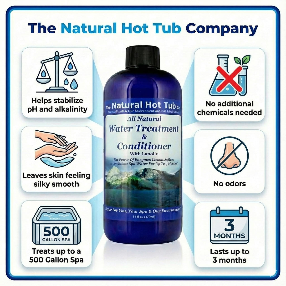 The Natural Hot Tub Company spa-clarifier softens skin while keeping water clear.