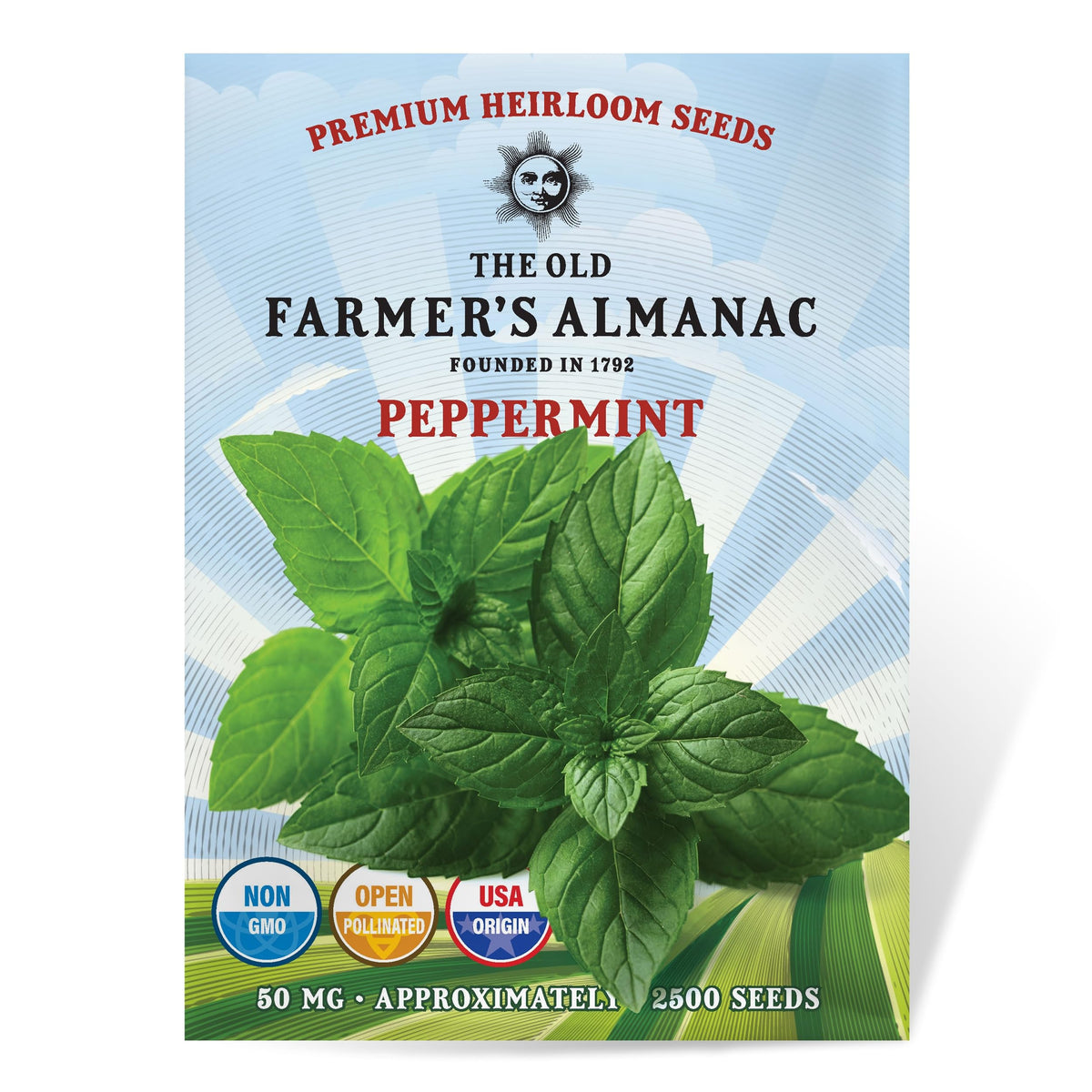 The Old Farmers Almanac heirloom peppermint seeds packaging front, ideal for gifting or storage.