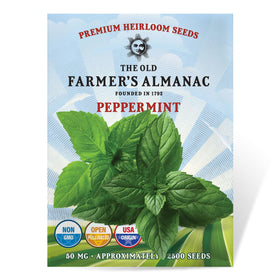 The Old Farmers Almanac heirloom peppermint seeds packaging front, ideal for gifting or storage.