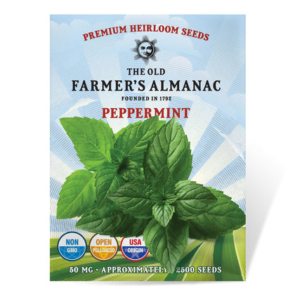 The Old Farmers Almanac heirloom peppermint seeds packaging front, ideal for gifting or storage.
