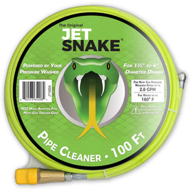 The Original JetSnake 100ft sewer jetter hose ready for deep drain cleaning.