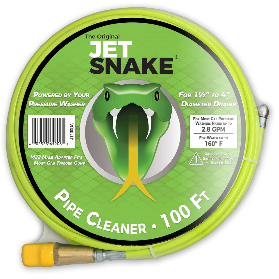 The Original JetSnake 100ft sewer jetter hose ready for deep drain cleaning.