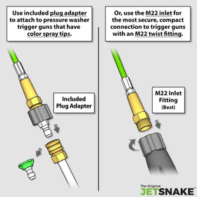 The Original JetSnake M22 adapter and connectors ensure secure gas washer setup.