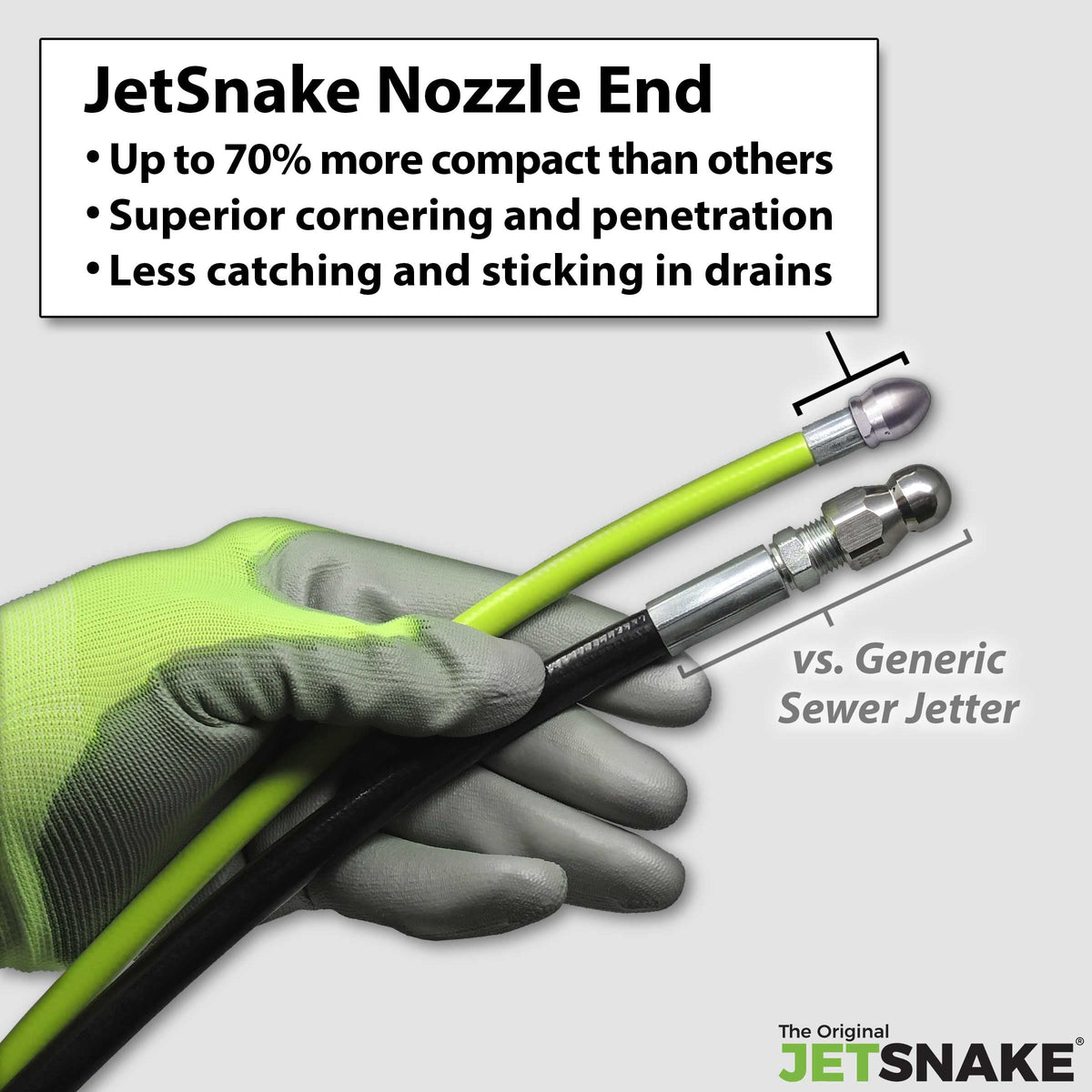 JetSnake stainless steel nozzle with back jets for deep pipe cleaning.