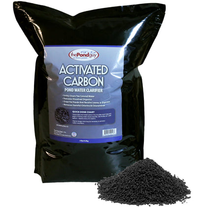 The Pond Guy activated carbon pellets in a mesh bag clarify tea-colored pond water.