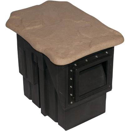 The Pond Guy ClearSkim skimmer with faux rock lid blends into the landscape and keeps water clear.