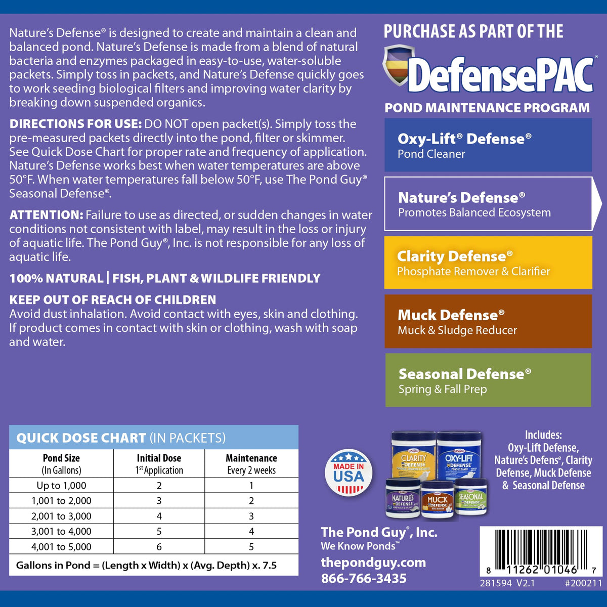 The Pond Guy Nature's Defense bottle with clear dosing directions for ponds