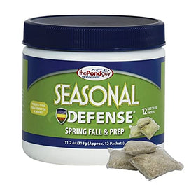 The Pond Guy Seasonal Defense bottle close-up showing barley and enzymes for cold-water ponds.