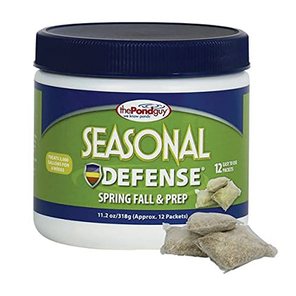 The Pond Guy Seasonal Defense bottle close-up showing barley and enzymes for cold-water ponds.