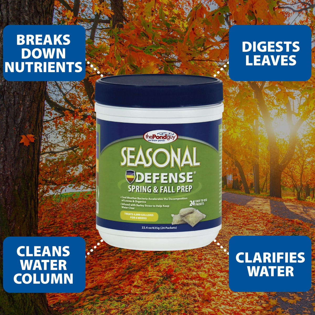 The Pond Guy Seasonal Defense cold-weather bacteria label highlights autumn, winter, and spring use.