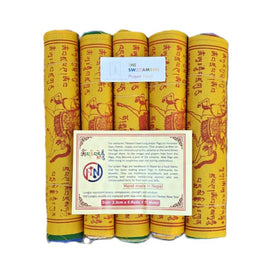 Close-up of hand-printed cotton flags from The Swayambhu collection showing sacred symbols.