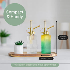 The Useful Co. Glass Plant Mister features a lightweight plastic pump with a metallic finish for easy use.