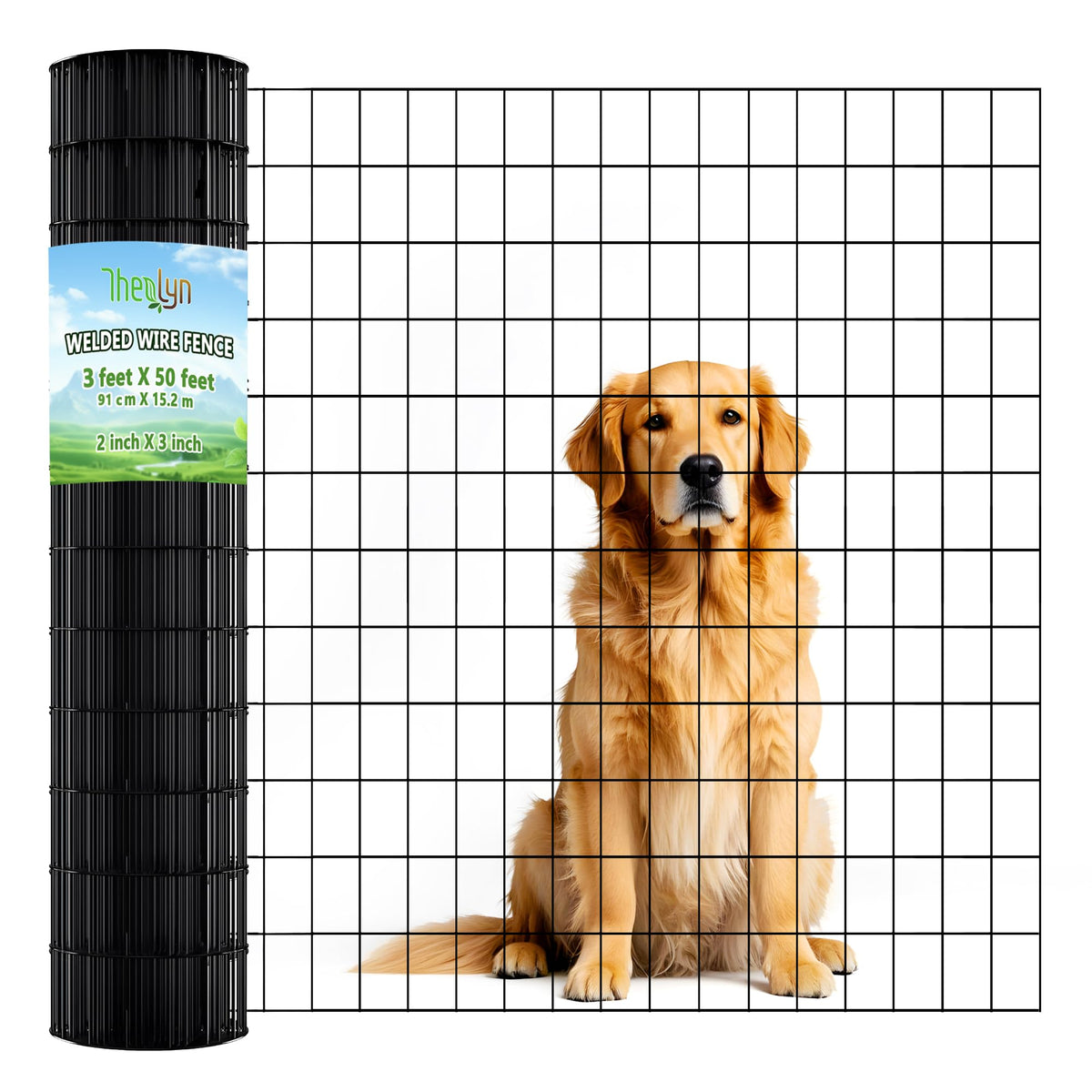 Thealyn 3ft x 50ft black vinyl-coated welded wire fence in yard setup for garden boundary