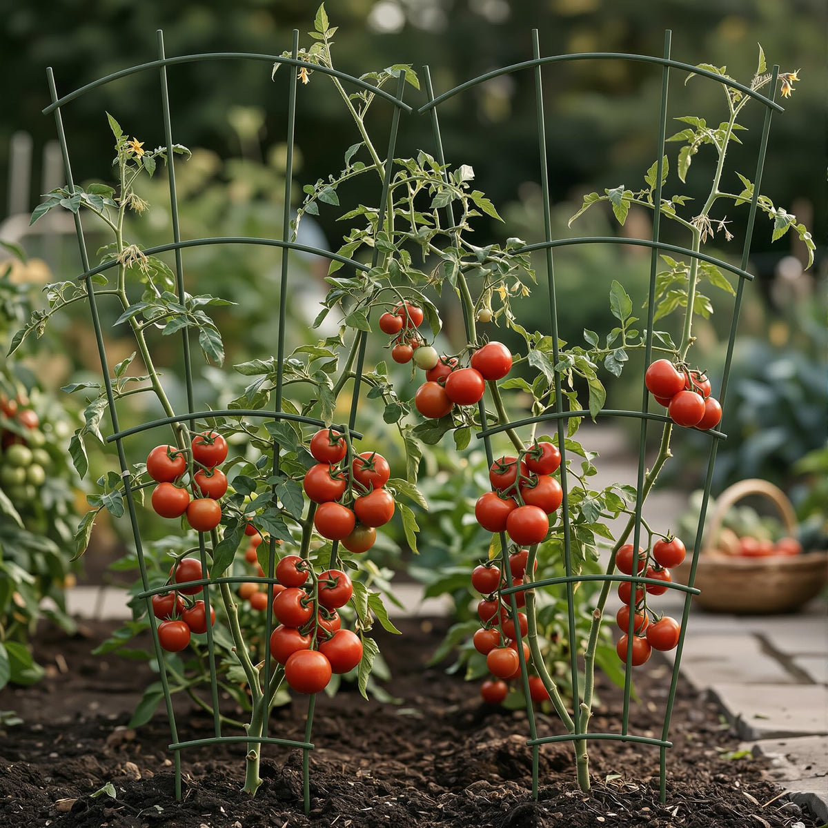 Great for cucumbers and tomatoes, training vertical growth in pots with Thealyn trellis.
