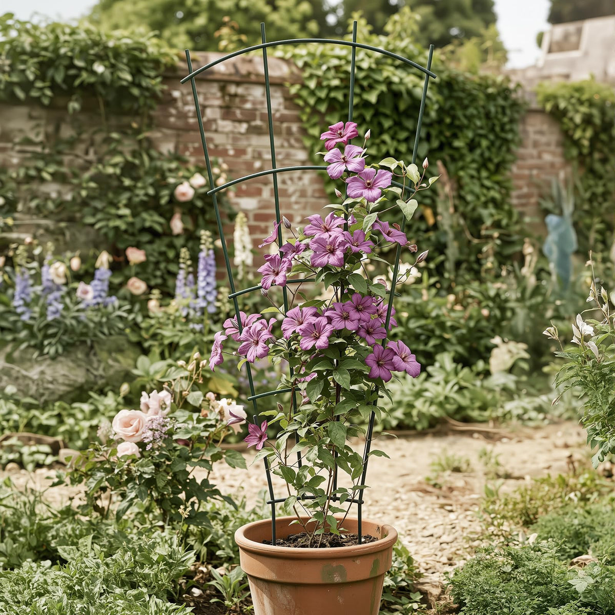 Thealyn easy installation shows freestanding legs pushed into soil for instant stability.