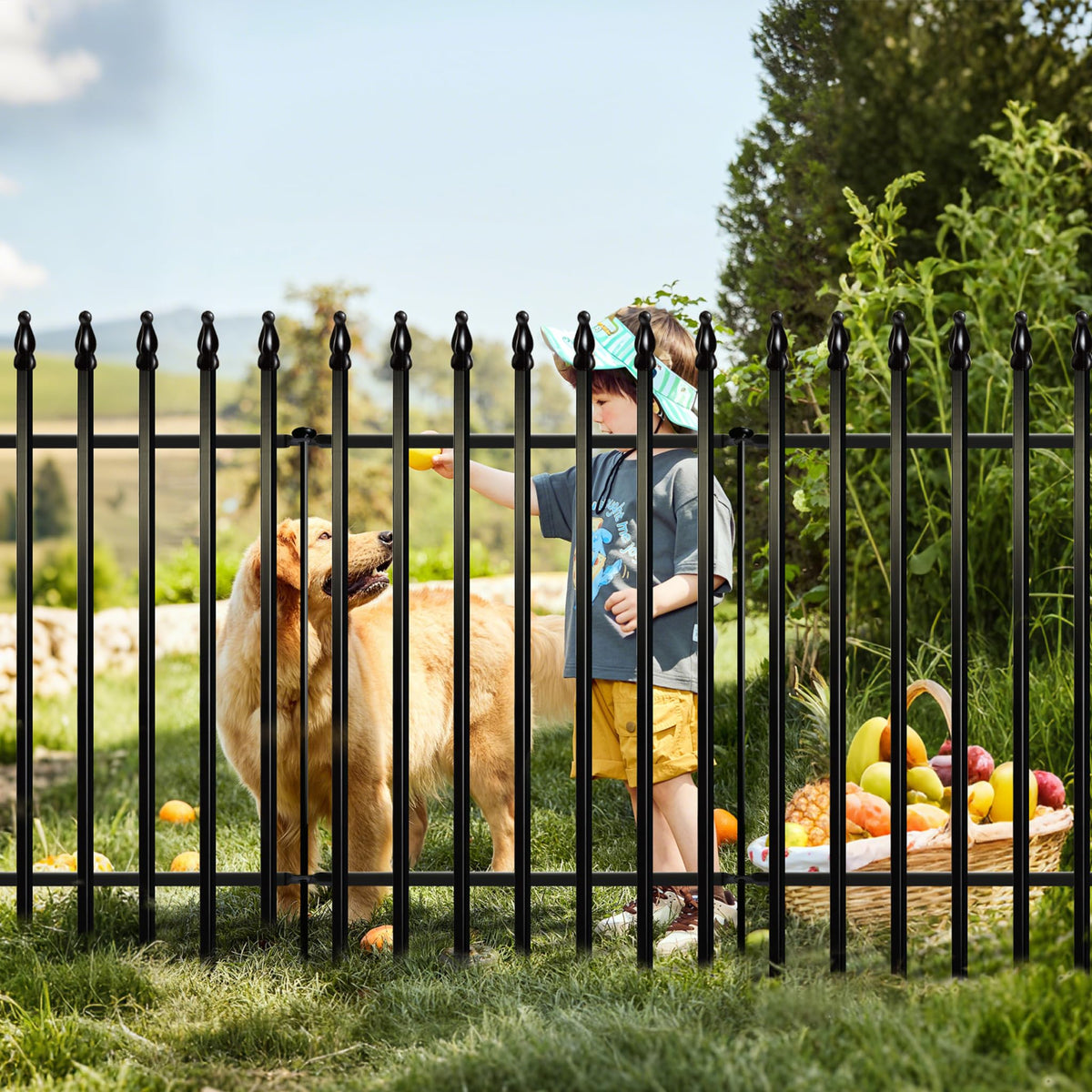 Thealyn metal garden fence panel assembly creates a long garden border.