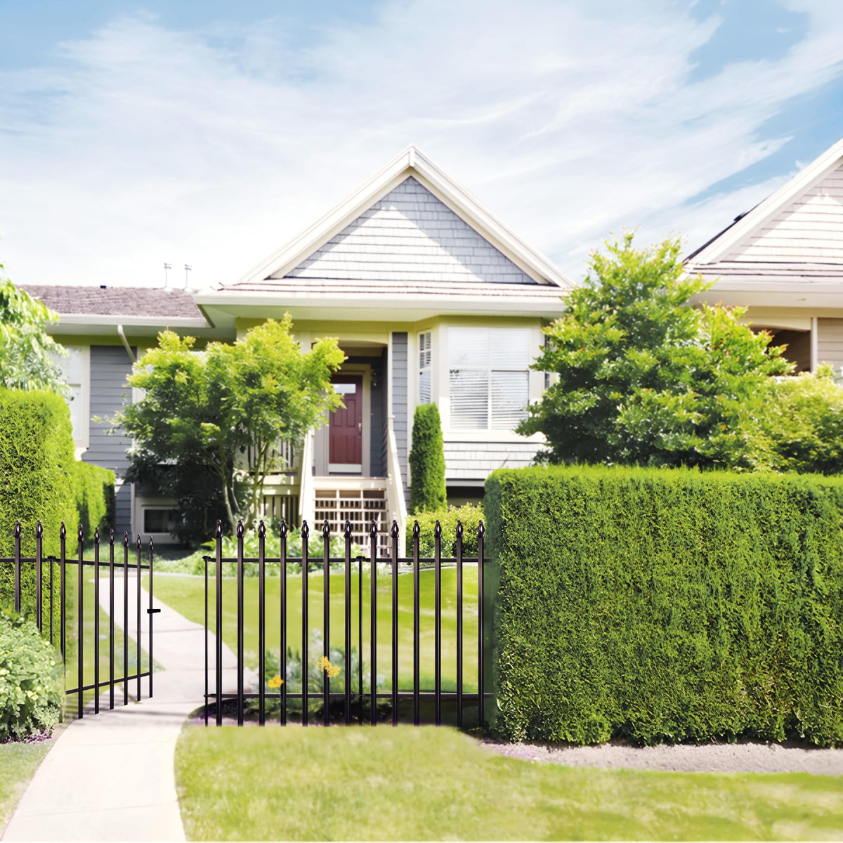 Thealyn metal garden fence 32-inch height provides a pet-safe outdoor separation.