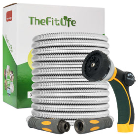 TheFitLife metal garden hose 100ft ready for durable, long-lasting watering.