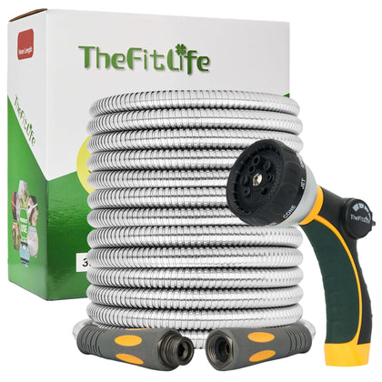 TheFitLife metal garden hose 100ft ready for durable, long-lasting watering.