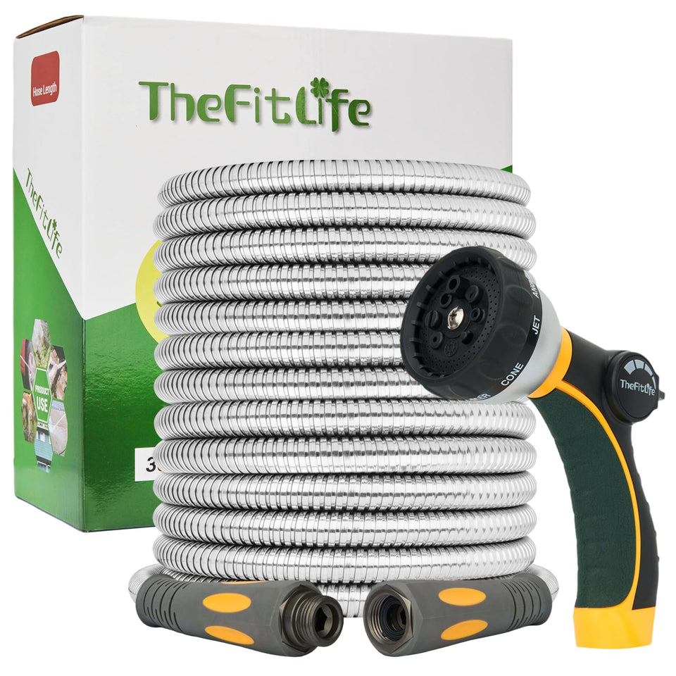 TheFitLife metal garden hose 100ft ready for durable, long-lasting watering.