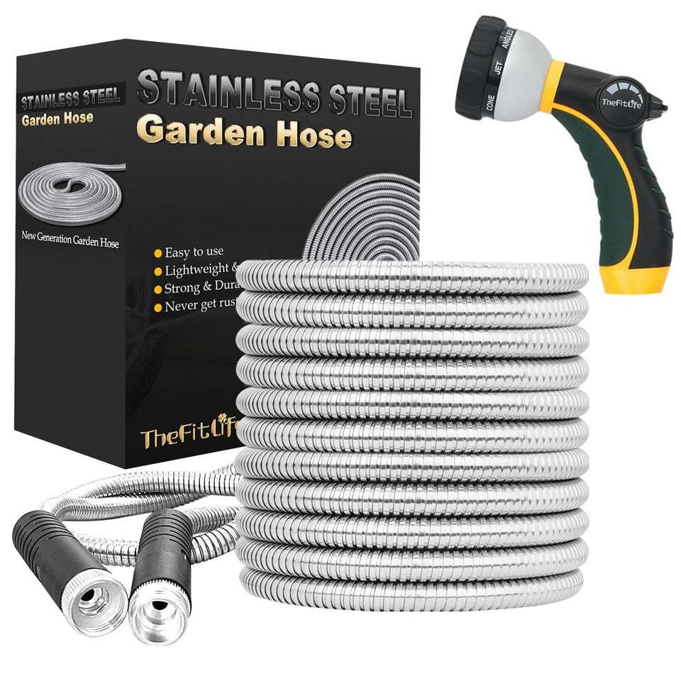 TheFitLife metal garden hose 100ft delivers durable watering for large lawns.