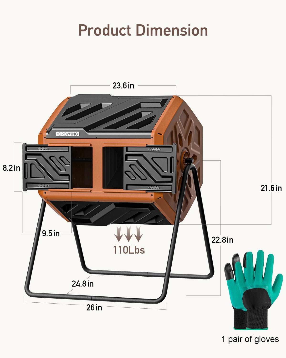 The Grow'Ing 43-gallon capacity handles large kitchen and yard waste.