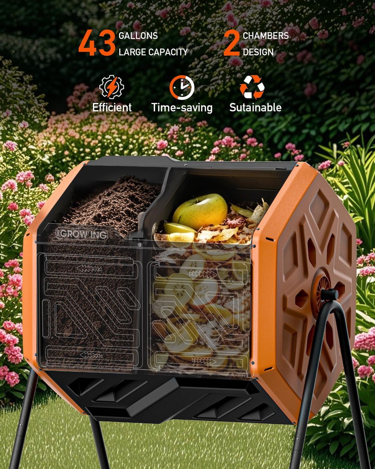 The Grow'Ing built-in thermometer helps monitor compost warmth for better results.