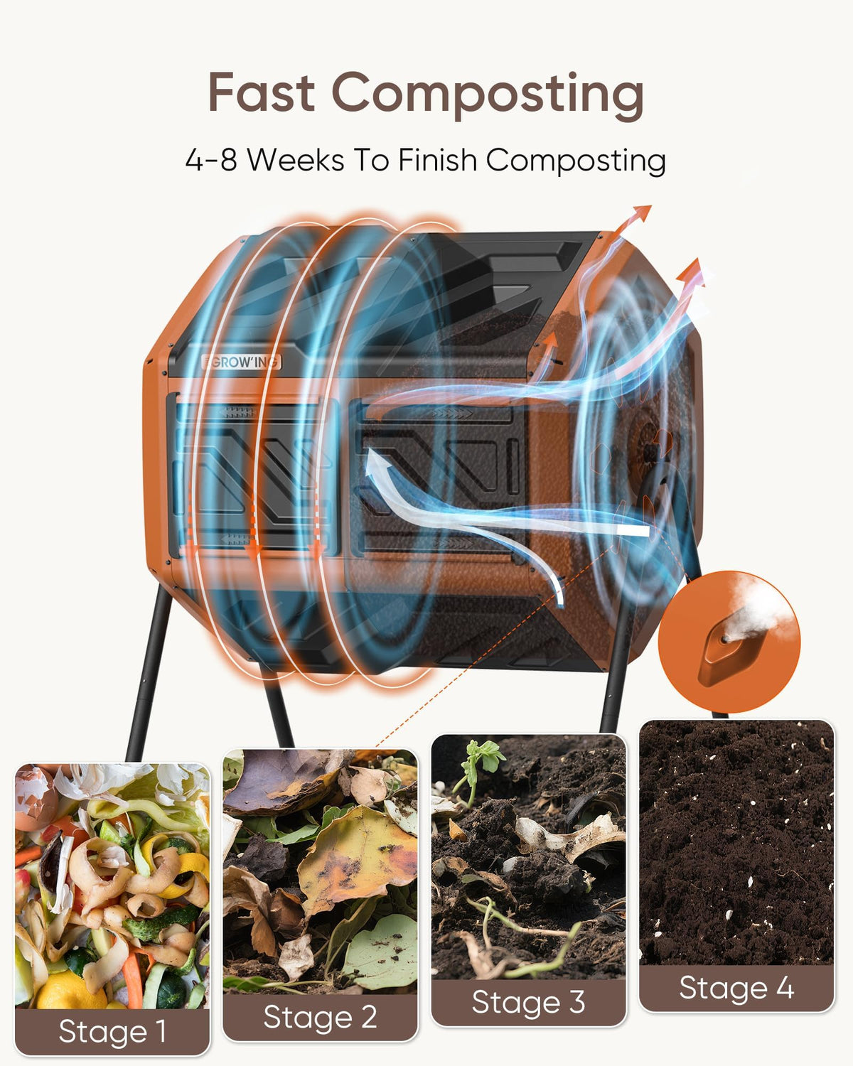 The Grow'Ing outdoor compost bin in garden demonstrates rugged durability for year-round use.