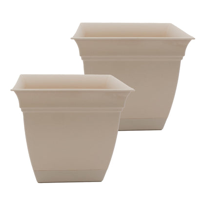 The HC Companies Eclipse square planter with drainage holes and attached saucer for moisture control.