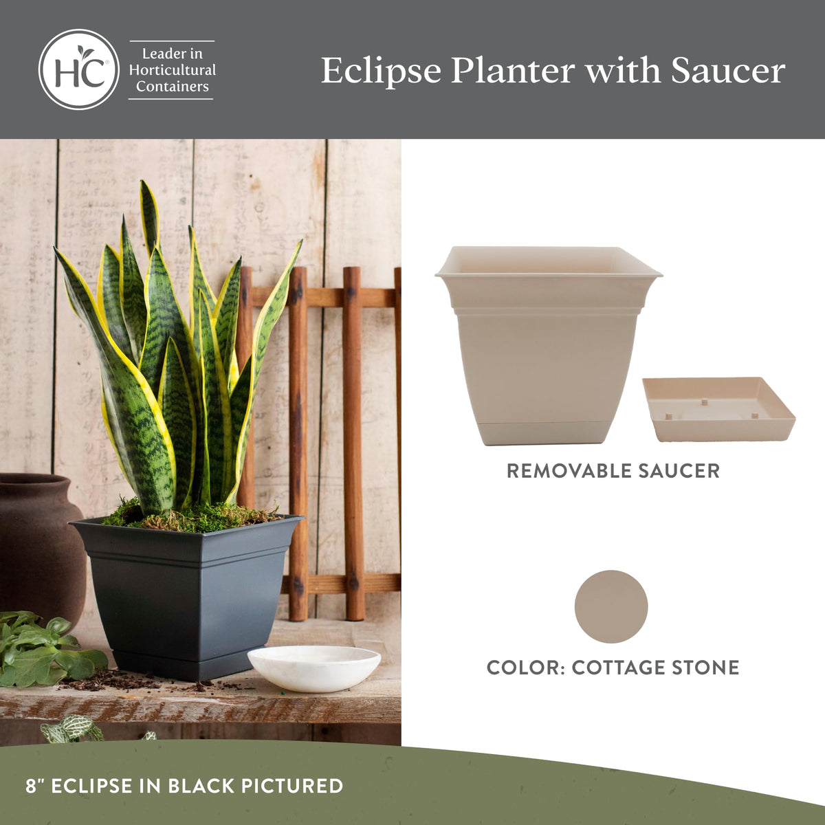 Eclipse square planter in UV-resistant plastic suitable for indoor and outdoor use.