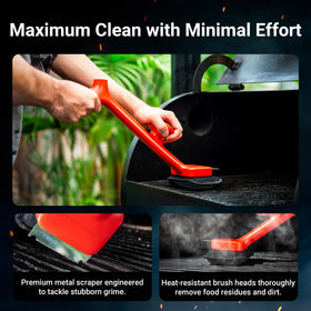 Built-in scraper on ThermoMaven bristle-free grill brush tackles stubborn residue.
