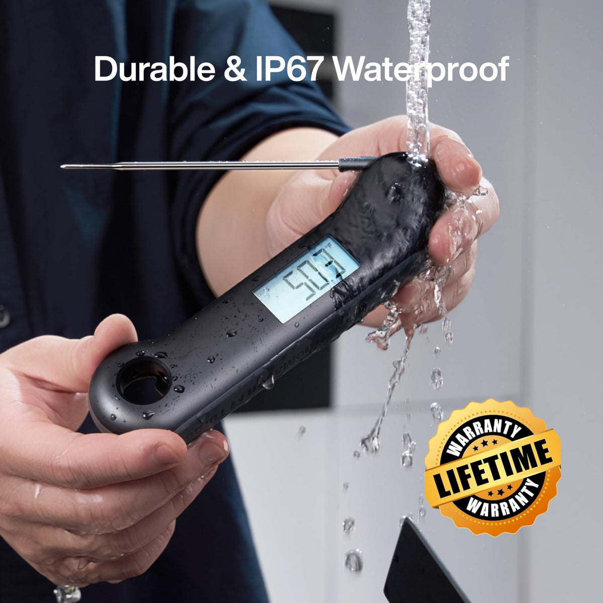 ThermoMaven IP67 waterproof probe withstands splashes and cleaning