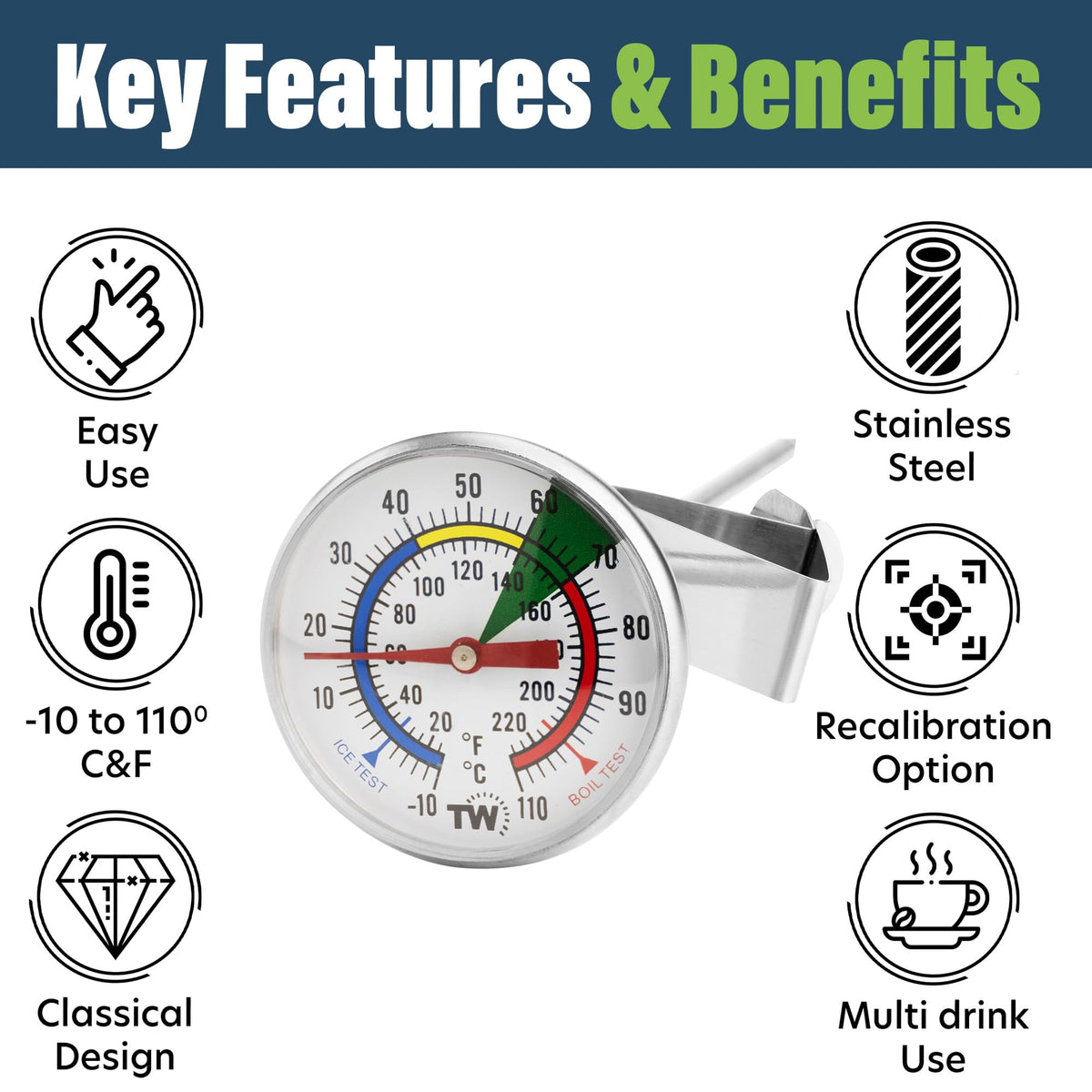 Thermometer World clip-enabled milk thermometer for secure hands-free steaming.