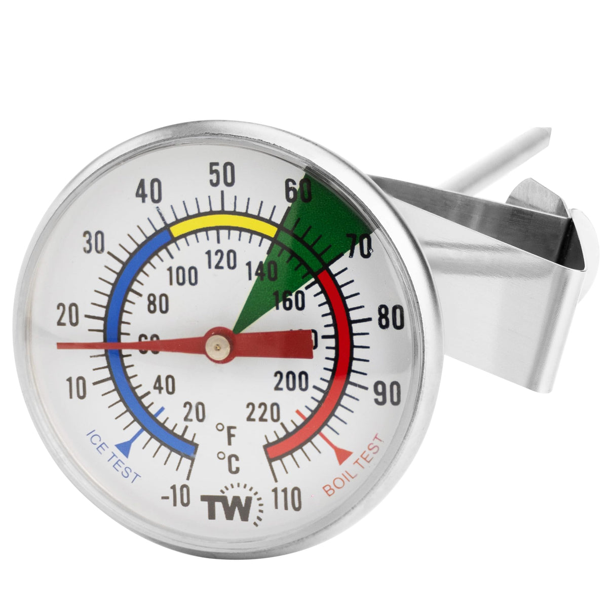 Thermometer World milk thermometer with 175mm stainless steel probe for steamed milk.