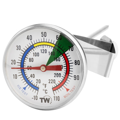 Thermometer World milk thermometer with 175mm stainless steel probe for steamed milk.