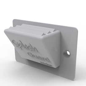 The Skimmie Splash Guard on a gray overflow drain cover reduces water loss.